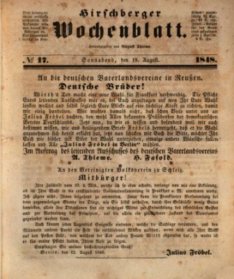 Hirschberger Wochenblatt Samstag 19. August 1848