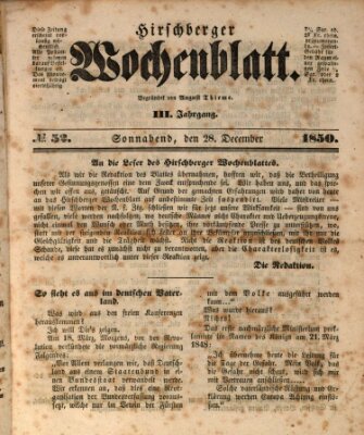 Hirschberger Wochenblatt Samstag 28. Dezember 1850