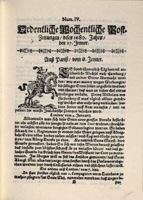 Ordentliche wochentliche Post-Zeitungen Samstag 27. Januar 1680
