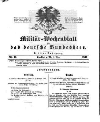 Militär-Wochenblatt für das deutsche Bundesheer Samstag 8. März 1862