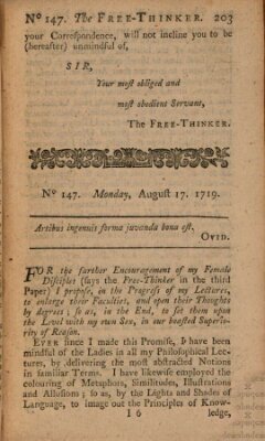 The free thinker or essays of wit and humour Donnerstag 17. August 1719