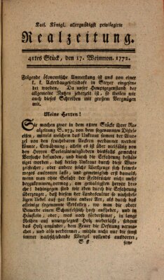 K.K. allerg. privil. Realzeitung der Wissenschaften und Künste Samstag 17. Oktober 1772