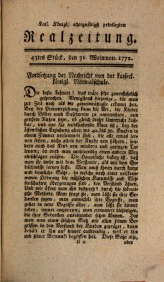 K.K. allerg. privil. Realzeitung der Wissenschaften und Künste Samstag 31. Oktober 1772