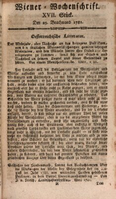 Die Wiener Wochenschrift Mittwoch 29. August 1781