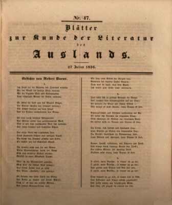 Blätter zur Kunde der Literatur des Auslands (Das Ausland) Mittwoch 27. Juli 1836