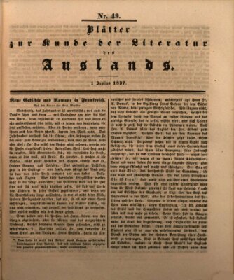 Blätter zur Kunde der Literatur des Auslands (Das Ausland) Donnerstag 1. Juni 1837