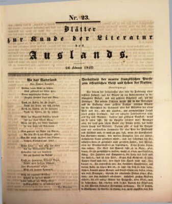 Blätter zur Kunde der Literatur des Auslands (Das Ausland) Mittwoch 26. Februar 1840