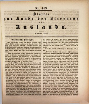 Blätter zur Kunde der Literatur des Auslands (Das Ausland) Samstag 3. Oktober 1840