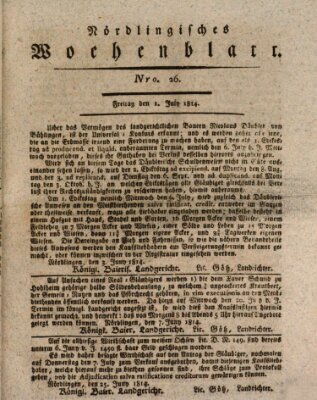Nördlingisches Intelligenz- und Wochenblatt (Intelligenzblatt der Königlich Bayerischen Stadt Nördlingen) Freitag 1. Juli 1814