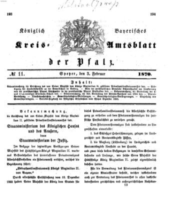 Königlich-bayerisches Kreis-Amtsblatt der Pfalz (Königlich bayerisches Amts- und Intelligenzblatt für die Pfalz) Donnerstag 3. Februar 1870
