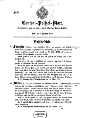 Zentralpolizeiblatt Mittwoch 14. Dezember 1853