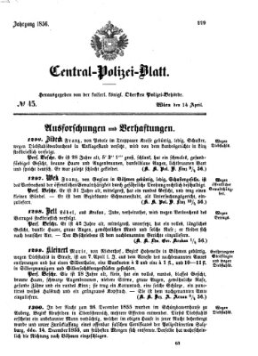 Zentralpolizeiblatt Montag 14. April 1856