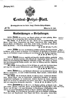 Zentralpolizeiblatt Dienstag 21. Juli 1857