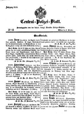 Zentralpolizeiblatt Samstag 2. Oktober 1858