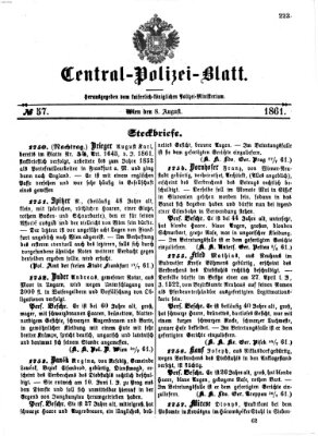 Zentralpolizeiblatt Donnerstag 8. August 1861