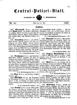 Zentralpolizeiblatt Freitag 13. Juli 1866