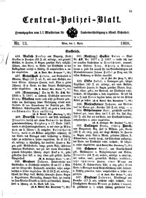Zentralpolizeiblatt Mittwoch 1. April 1868