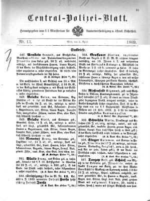 Zentralpolizeiblatt Dienstag 6. April 1869