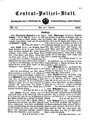 Zentralpolizeiblatt Mittwoch 1. Dezember 1869