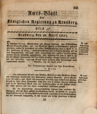 Amtsblatt für den Regierungsbezirk Arnsberg Samstag 28. April 1821