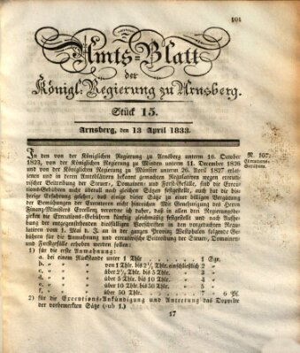 Amtsblatt für den Regierungsbezirk Arnsberg Samstag 13. April 1833