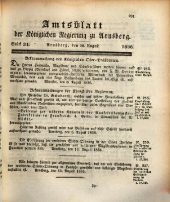 Amtsblatt für den Regierungsbezirk Arnsberg Samstag 20. August 1836