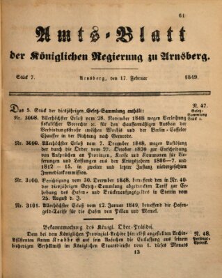Amtsblatt für den Regierungsbezirk Arnsberg Samstag 17. Februar 1849