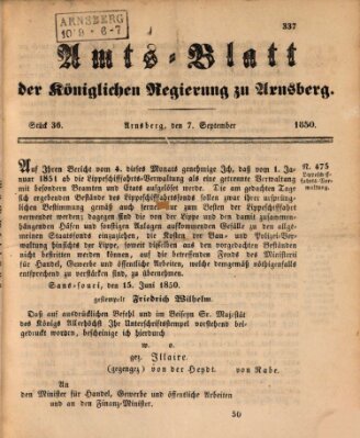 Amtsblatt für den Regierungsbezirk Arnsberg Samstag 7. September 1850