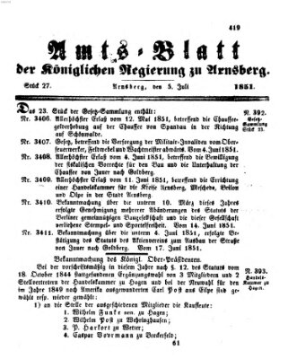Amtsblatt für den Regierungsbezirk Arnsberg Samstag 5. Juli 1851