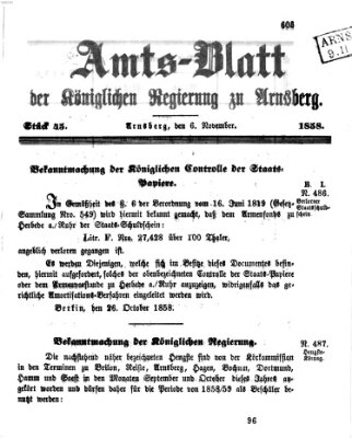 Amtsblatt für den Regierungsbezirk Arnsberg Samstag 6. November 1858