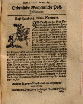 Ordentliche wochentliche Post-Zeitungen Samstag 6. September 1642