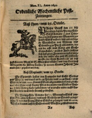 Ordentliche wochentliche Post-Zeitungen Samstag 25. Oktober 1642