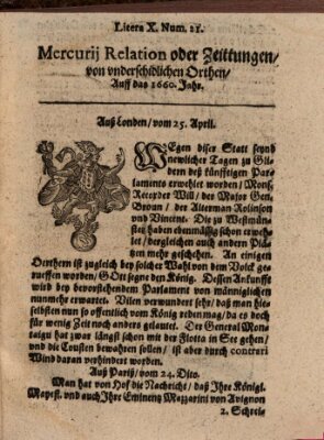 Mercurij Relation oder Zeittungen, von underschidlichen Orten (Süddeutsche Presse) Sonntag 25. April 1660