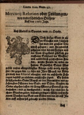 Mercurij Relation oder Zeittungen, von underschidlichen Orten (Süddeutsche Presse) Dienstag 12. Oktober 1660