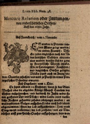 Mercurij Relation oder Zeittungen, von underschidlichen Orten (Süddeutsche Presse) Montag 1. November 1660