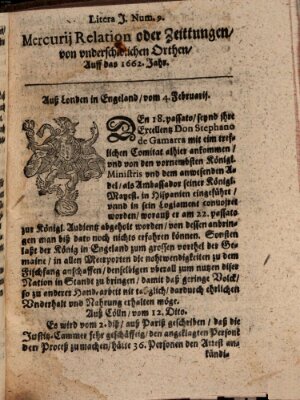Mercurij Relation oder Zeittungen, von underschidlichen Orten (Süddeutsche Presse) Samstag 4. Februar 1662