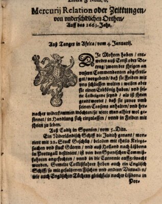 Mercurij Relation oder Zeittungen, von underschidlichen Orten (Süddeutsche Presse) Donnerstag 4. Januar 1663