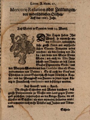 Mercurij Relation oder Zeittungen, von underschidlichen Orten (Süddeutsche Presse) Samstag 24. März 1663
