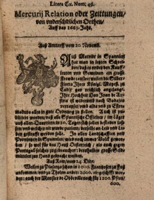 Mercurij Relation oder Zeittungen, von underschidlichen Orten (Süddeutsche Presse) Dienstag 20. November 1663