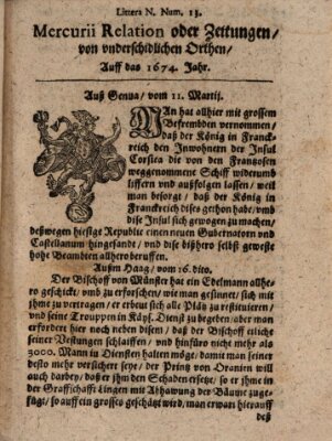 Mercurij Relation oder Zeittungen, von underschidlichen Orten (Süddeutsche Presse) Sonntag 11. März 1674