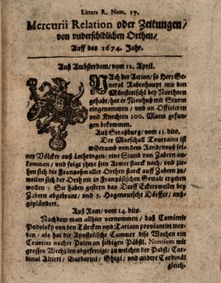 Mercurij Relation oder Zeittungen, von underschidlichen Orten (Süddeutsche Presse) Donnerstag 12. April 1674