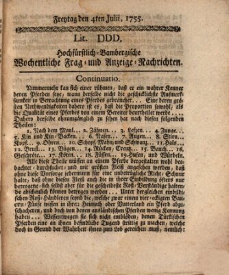 Hochfürstlich-Bambergische wochentliche Frag- und Anzeigenachrichten Freitag 4. Juli 1755