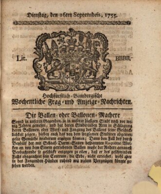 Hochfürstlich-Bambergische wochentliche Frag- und Anzeigenachrichten Dienstag 16. September 1755
