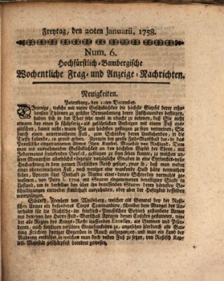Hochfürstlich-Bambergische wochentliche Frag- und Anzeigenachrichten Freitag 20. Januar 1758