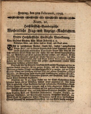 Hochfürstlich-Bambergische wochentliche Frag- und Anzeigenachrichten Freitag 3. Februar 1758