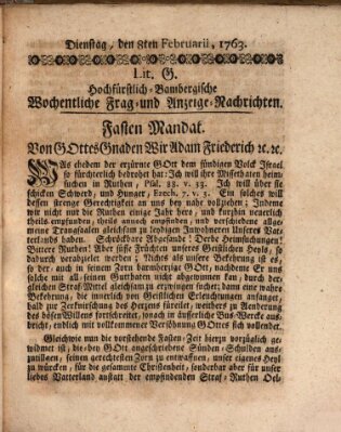 Hochfürstlich-Bambergische wochentliche Frag- und Anzeigenachrichten Dienstag 8. Februar 1763