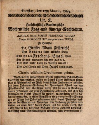 Hochfürstlich-Bambergische wochentliche Frag- und Anzeigenachrichten Dienstag 1. März 1763