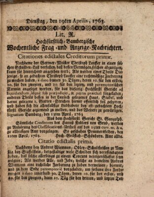 Hochfürstlich-Bambergische wochentliche Frag- und Anzeigenachrichten Dienstag 19. April 1763