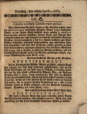 Hochfürstlich-Bambergische wochentliche Frag- und Anzeigenachrichten Dienstag 26. April 1763