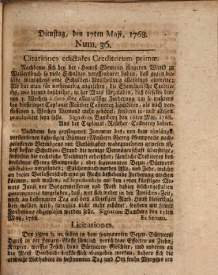 Hochfürstlich-Bambergische wochentliche Frag- und Anzeigenachrichten Dienstag 17. Mai 1768